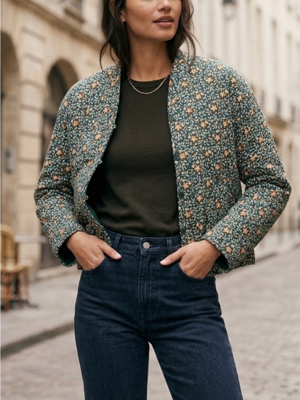 Universal Thread Cotton Blend Quilted Floral Jacket in forest green and neutrals